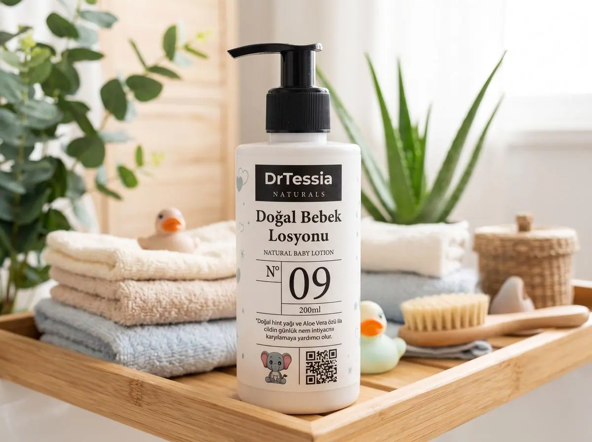 DrTessia Doğal Bebek Losyonu No 09, 200 ml pompalı şişe; etikette hint yağı ve aloe vera özü yazılı