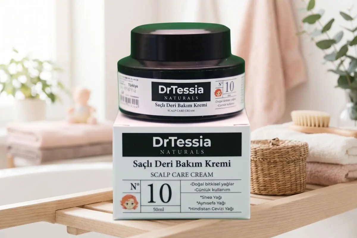 DrTessia Saçlı Deri Bakım Kremi No 10, 50 ml: kutusu ve kavanozu; kutuda shea, aynısefa ve hindistan cevizi yağı yazılı
