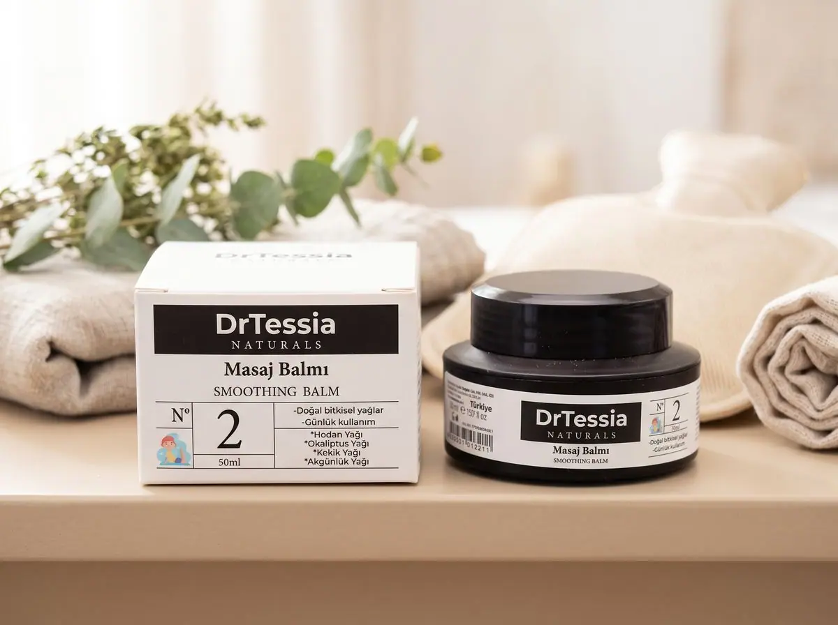 DrTessia Yumuşatıcı Masaj Balmı 50 ml, beyaz kutusu ve siyah kavanozu ahşap raf üzerinde
